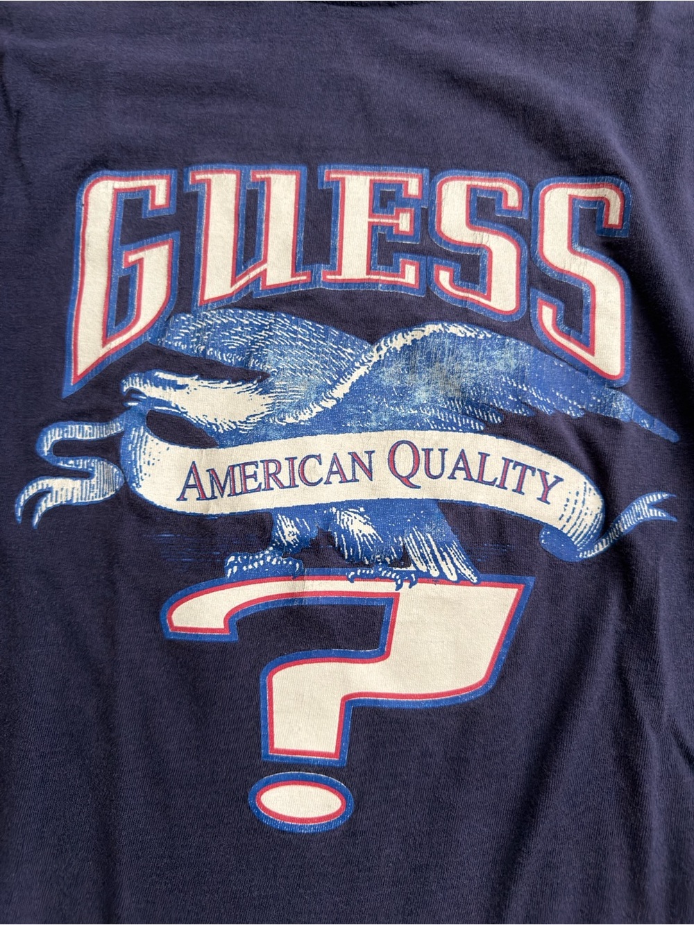 Vintage 90s Guess? logo American Quality eagle 100% cotton USA made navy t-shirt - Picture 4 of 8